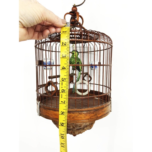 Vintage Hanging Wood Bamboo Bird Cage w/ Bird Ornament - Picture 11 of 12